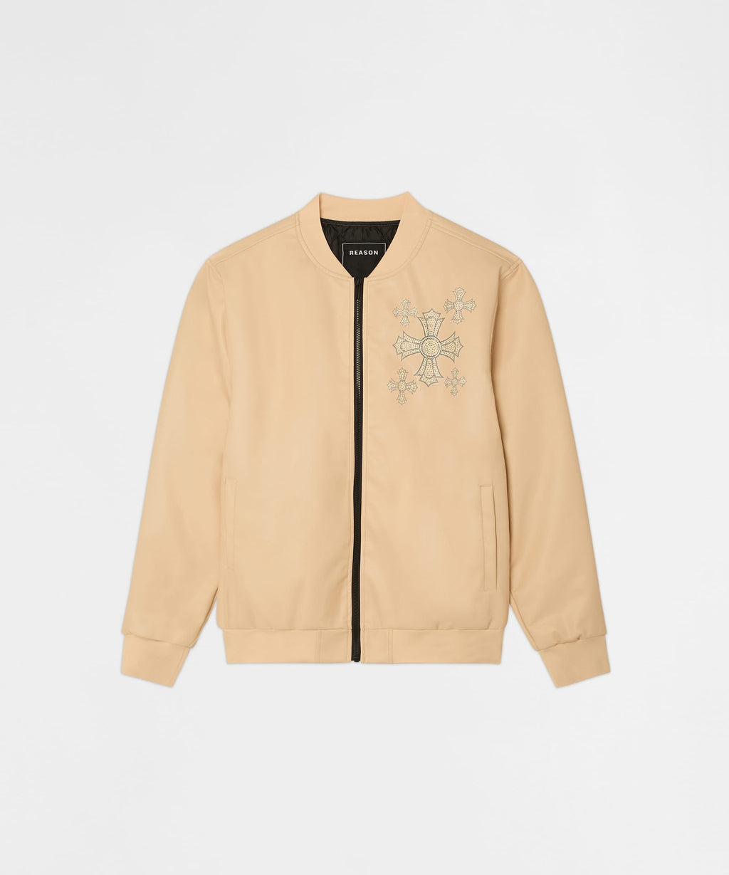 Crossed Faux PU Leather Bomber Jacket - Cream