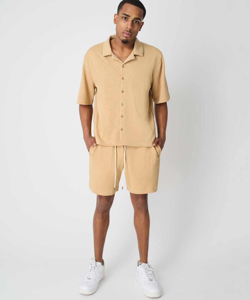 Diamond Pattern Textured Knit Button-Down Shirt - Taupe
